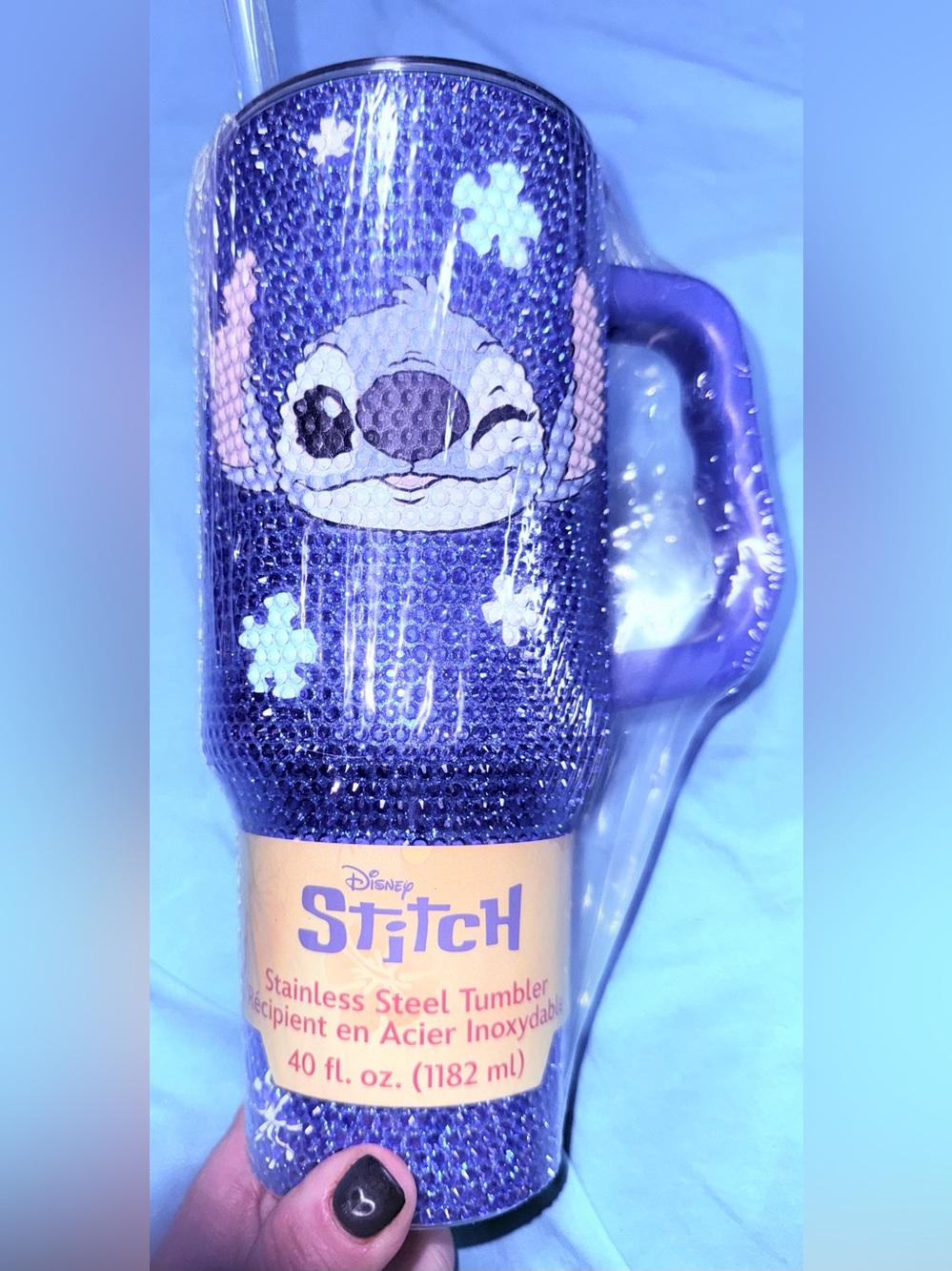 Disney Stitch crystal deep sparkly blue 40OZ thermal tumbler handle/straw.